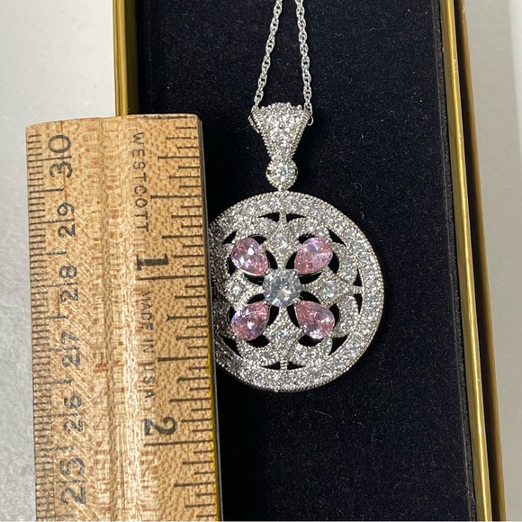 Sterling Silver Necklace Round Pendant Brilliant Diamond Pink Gem Embellished - Picture 9 of 12